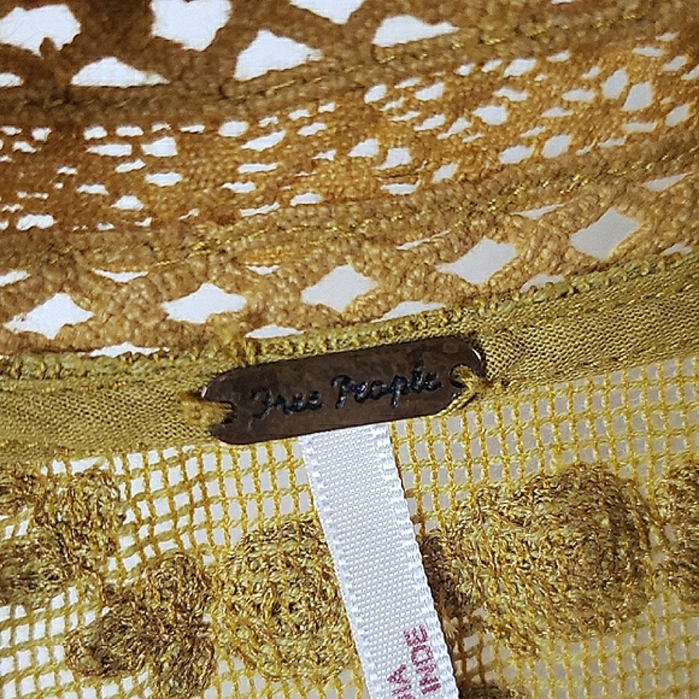 Free People Mustard Crop Top Tie Front 3/4 Bell Sleeves Lace Mesh Cotton Size S - Picture 13 of 16